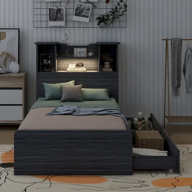 Twin Size Bookshelf Open Storage LED Platform Bed with Drawers