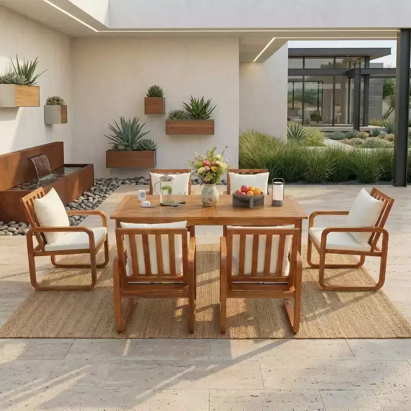 Polibi 7-Piece Acacia Patio Dining Set with Sculpted Loop Armchairs