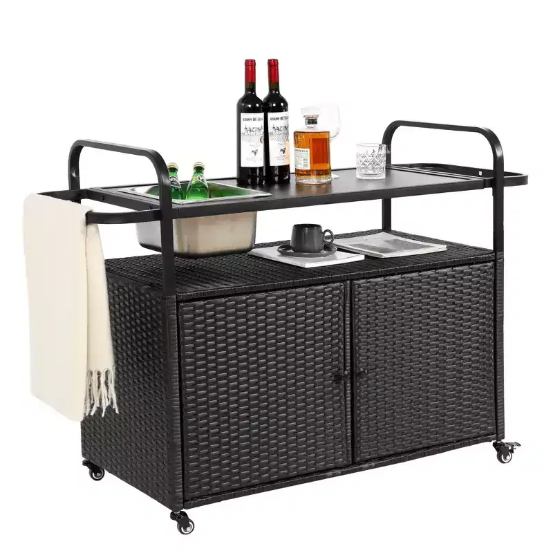 Bar Serving Cart Outdoor Wicker Table with Cabinet and Steel Top for Patio, Black, 51.57*19.69*35.83