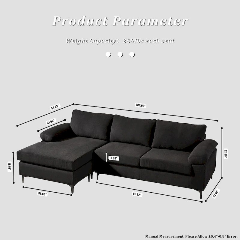 OVIOS Reversible Chaise Sofa With Fluffy Cushions Metal Legs