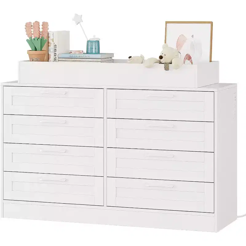 Nursery Dresser with Changing Table Top,Modern Baby Dresser with 8 Wood Drawers,Multi-Drawer Storage Diaper Changing Station with Safety Shelf Top