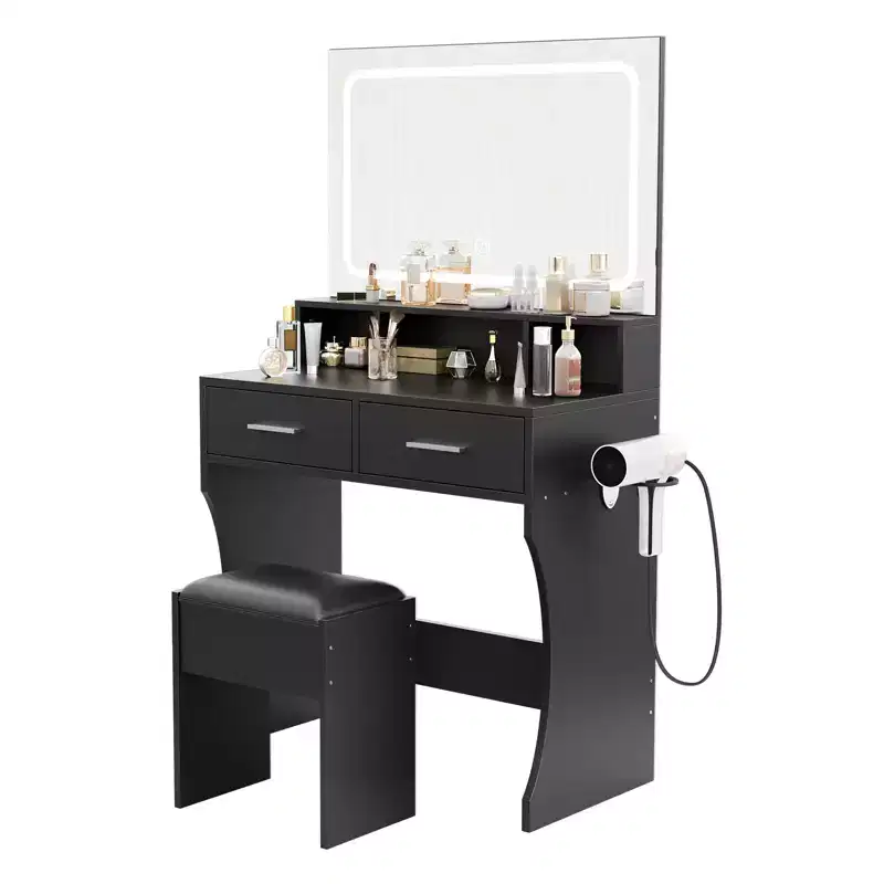 Vanity Desk Set with 31.5 Large LED Mirror and Lights, Makeup Vanity Table with 2 Drawers, Stool, Power Outlet, 3 Color Lighting Modes for Bedroom