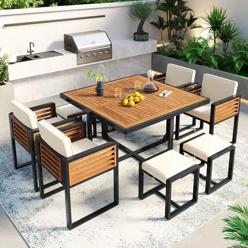 GDFStudio Donald Patio 9-Piece Acacia Wood Dining Set with Square Table, 4 Cushioned Chairs and 4 Stools