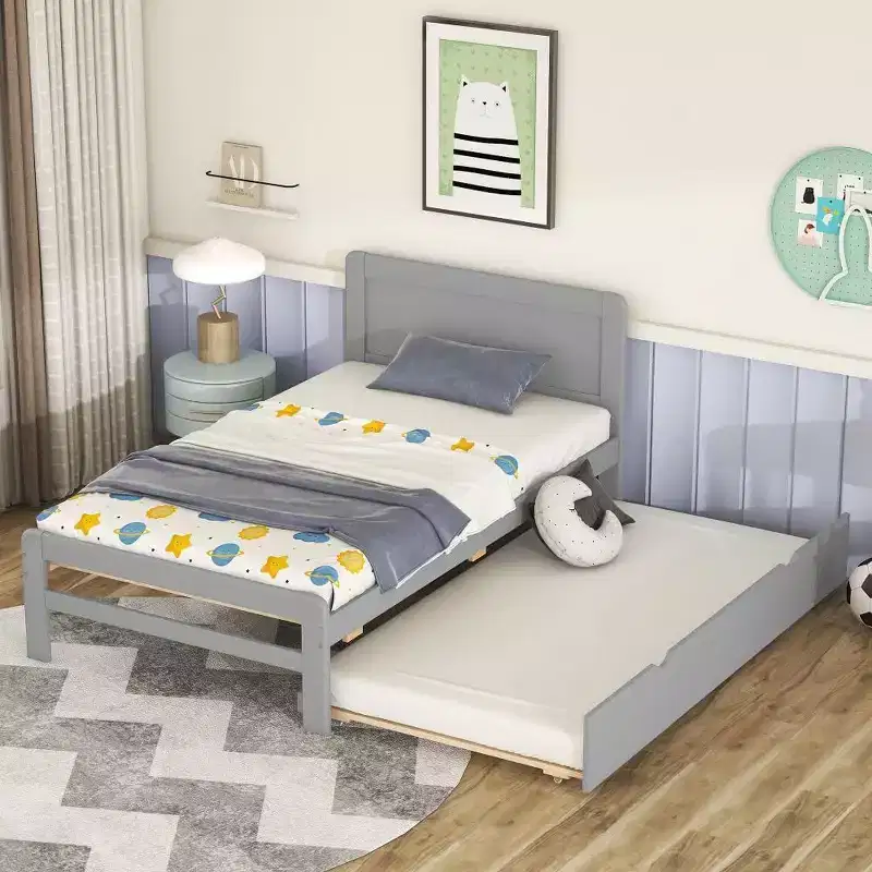 Modern Twin Platform Bed Frame with Trundle, Twin Over Full Bunk, Guardrail & Ladder, Wood Slats, No Box Spring, Gray