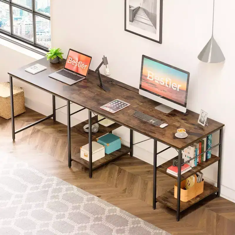 55'L-Shaped Corner Computer Desk With Storage Shelf, 3 Cable Holes