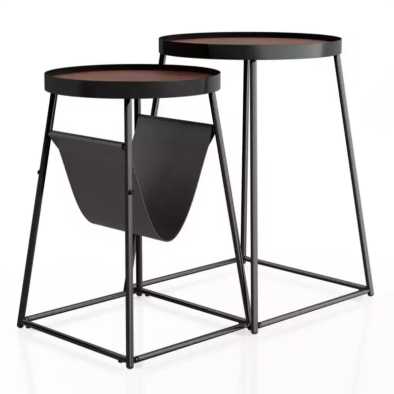 24/7 Shop At Home Quinlane Nesting Table with Magazine Holder Walnut/Matte Black: Modern Steel Frame, Round MDF Top