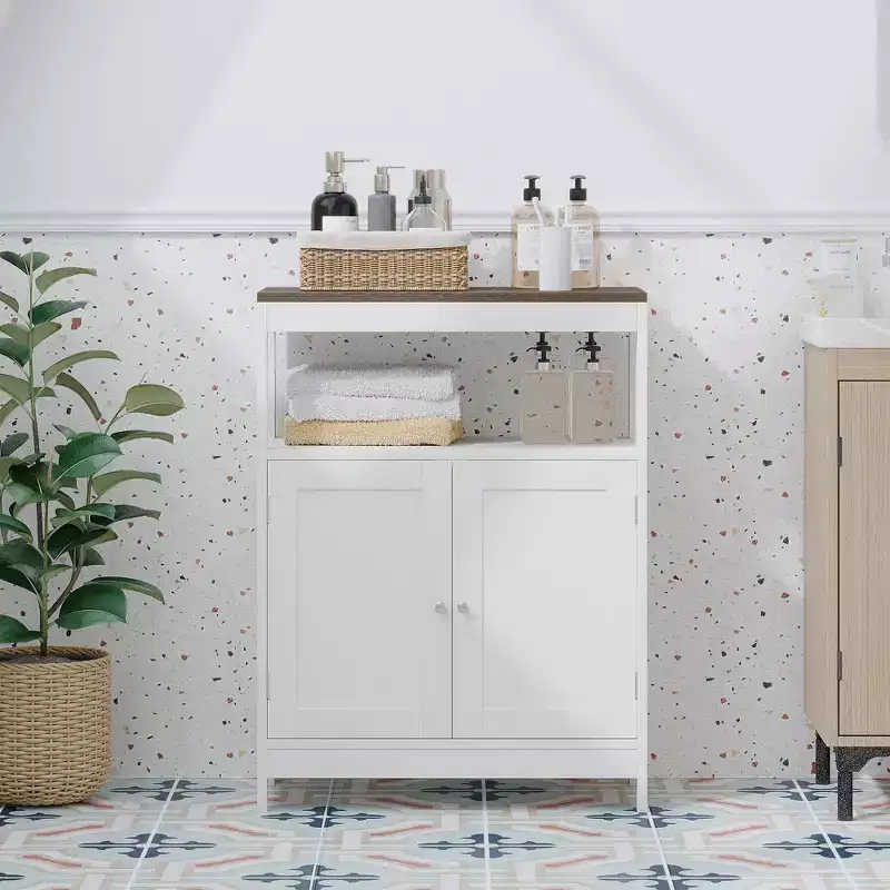 Modern Storage Cabinet with Double Doors, Freestanding Bathroom Organizer with Adjustable Shelf and Wood Top for Kitchen, Entryway, White