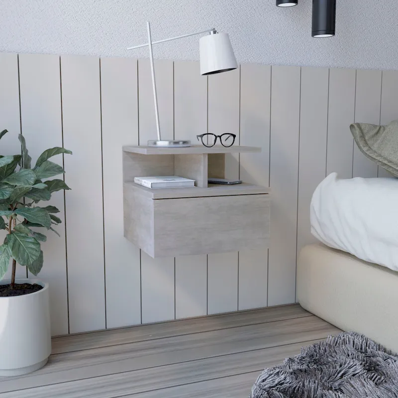 Wall-Mounted Floating Nightstand with Drawer & Open Shelves | Modern | 14