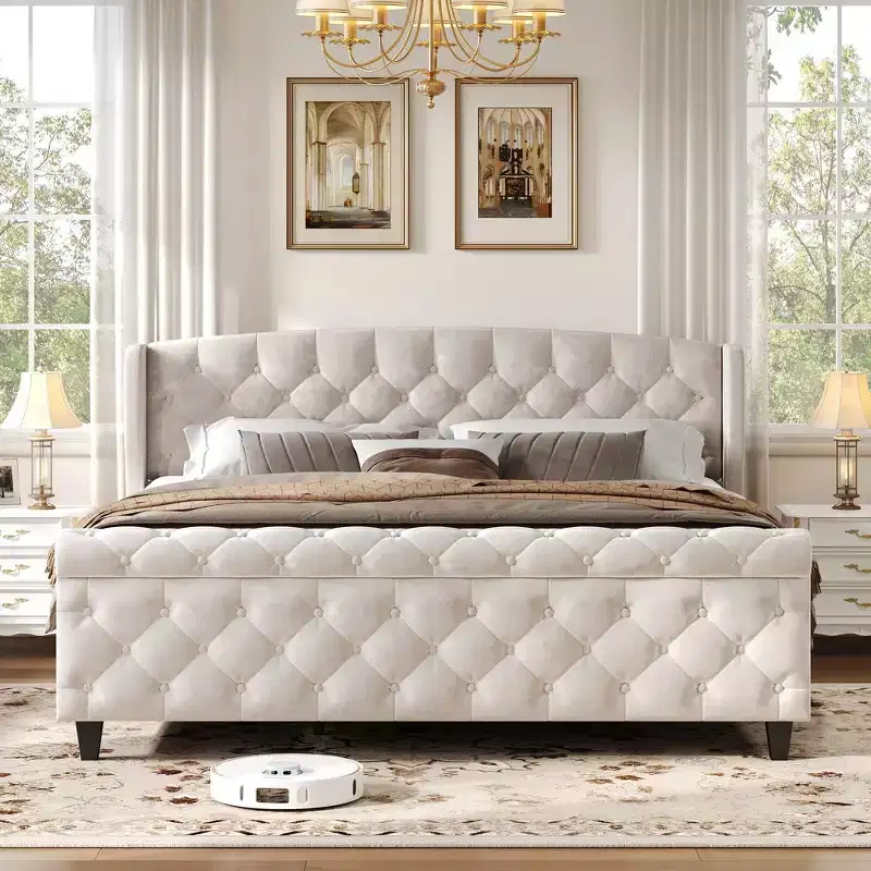 King Sleigh Platform Bed Frame, Wingback Headboard, Button Tufted Velvet, 800 lb Capacity