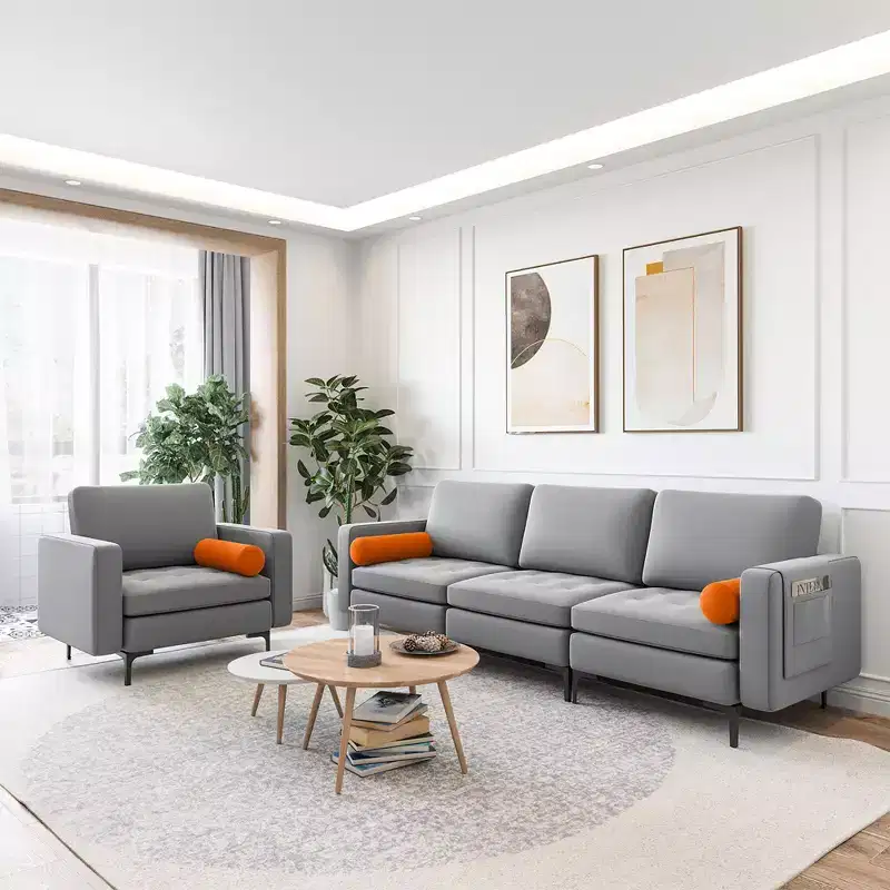 Costway Modular 3-Seat Sofa Couch with Socket USB Ports & Side Storage Pocket Ash Grey