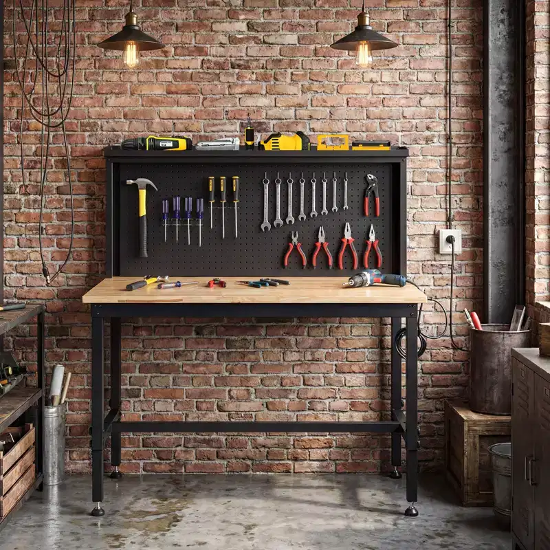 Costway 48'' Heavy Duty Workbench w/ AC/USB Outlets and Pegboard Max Load 2000 LBS