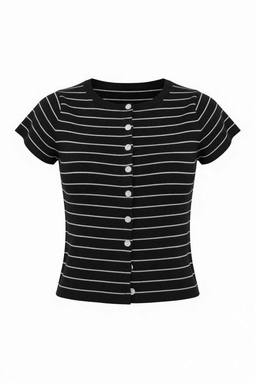 Stripe Button Front Fitted Capped Sleeve Top