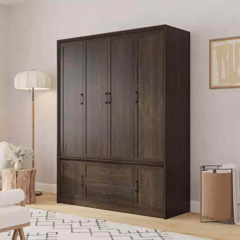 Famapy Modern Minimalist/Vintage Industrial 6-Door Wardrobe,Armoire with 2 Drawers,Hanging Rod,Bedroom & Closet Storage Center,White/Brown