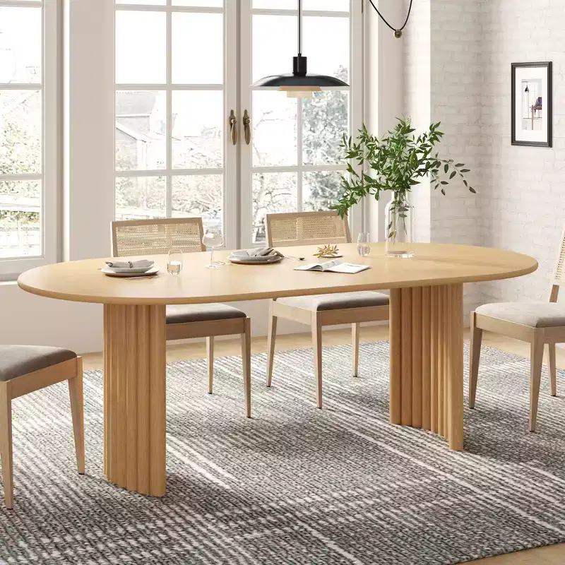 79 Oval Dining Table for 6-8 with Arc-Shaped Edge Top and Stripes Base Modern Farmhouse Kitchen Table for Living Room Dining Room Natural