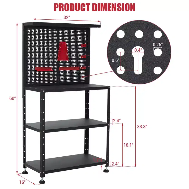 7-in-1 Workbench with Pegboard & 14 Hooks, Heavy Duty Metal Tool Table with Adjustable Shelves, Mobile Workstation for Garage, Workshop & Home Office