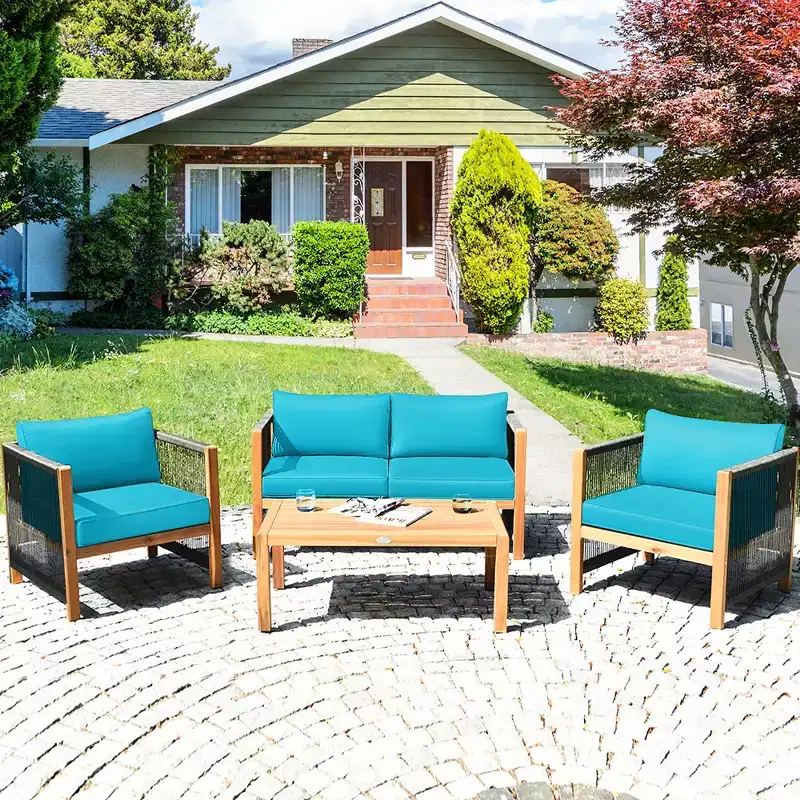 Costway 4PCS Wooden Patio Furniture Set Cushioned Sofa W/Rope Armrest White\Turquoise\Red