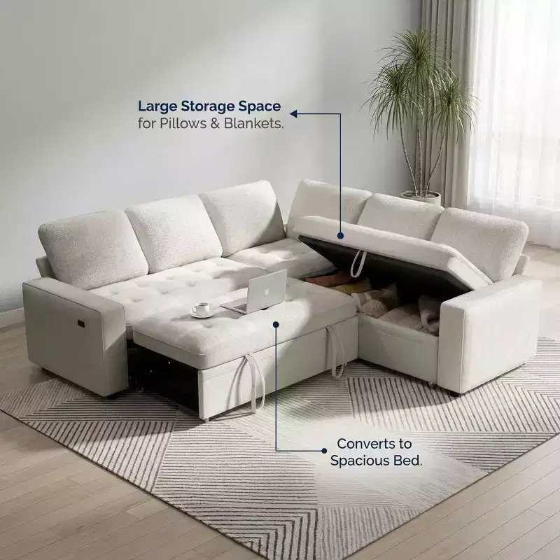 Dyonery 5-Seat Modular Sectional Sofa Bed for Small Spaces, L-Shaped Couch with Pull Out Bed, Storage, USB Ports & Recliner