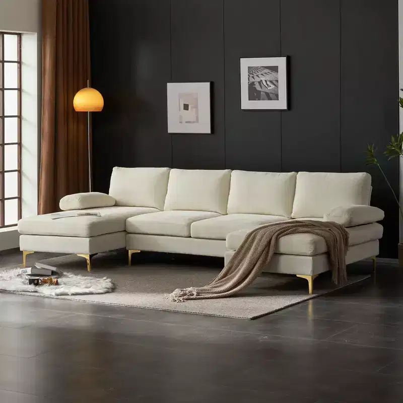 110 in. W Pillow Top Arm 3-Piece U-shaped Chenille Sectionals in Beige