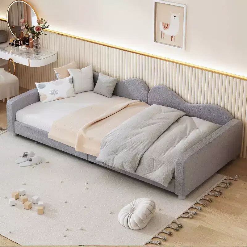 Upholstered Daybed with Two Storage Drawers, Tufted Sofa Bed with Button Back and Piping on Waved Shape Arms for Bedroom, Guest Room
