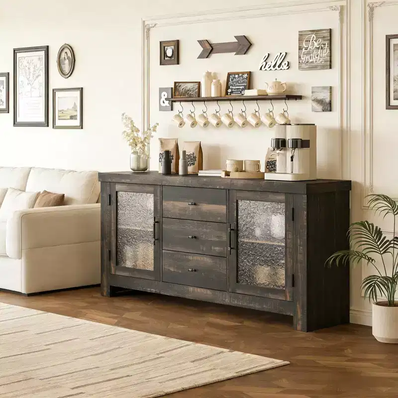 54.4 Buffet Sideboard with 2 Glass Doors & 3 Drawers for Living Room, Kitchen, Dining Room