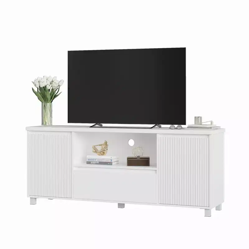 White TV Stand for up to 70 Inch TVs, Wood TV Console Table with Drawer & 2 Storage Cabinets for Living Room, Bedroom
