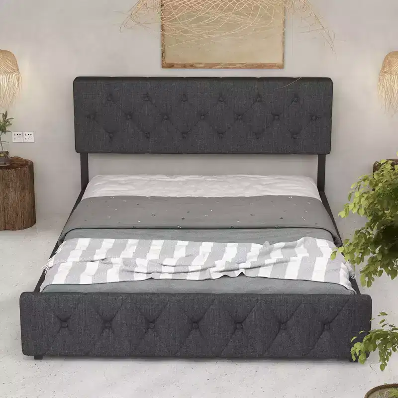 Queen Size Bed Frame Dark Gray Platform Bed with USB Ports & Adjustable Headboard, No Box Spring Needed