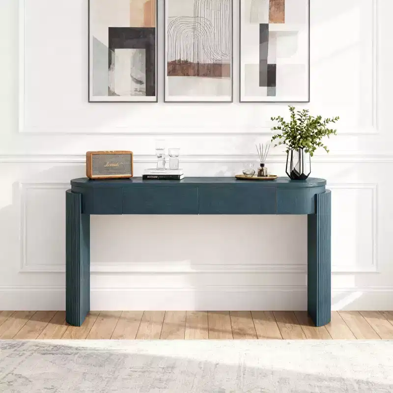 Luxystar Console Table with Natural Wood Grain Finish, Oval Top and 2 Drawers for Entryway and Living Room, Navy