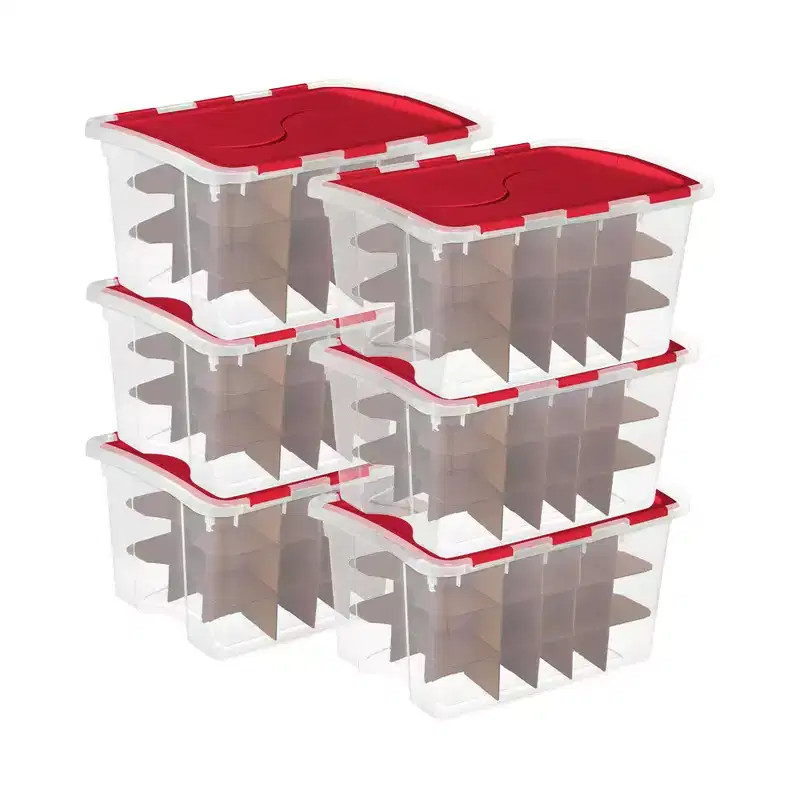 Sterilite 48 Quart Stackable Holiday Christmas 45 Ornament Storage Box (6 Pack)
