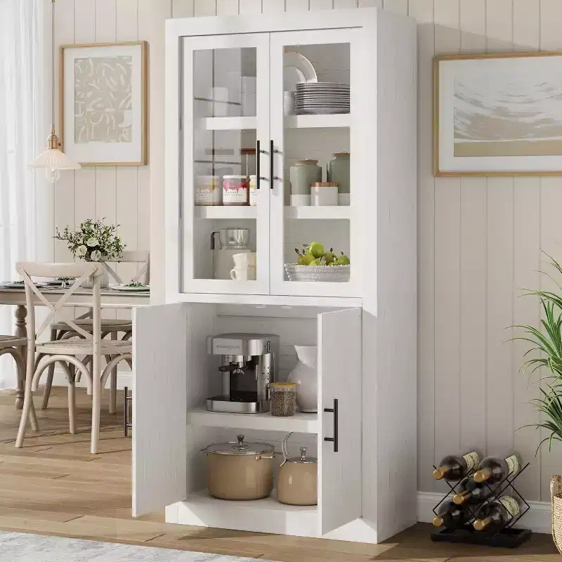 All-Wood Kitchen Pantry Cabinet with 4 Magnetic Doors, Farmhouse Style Freestanding Food Storage Cupboard, Adjustable Shelves, Large Capacity