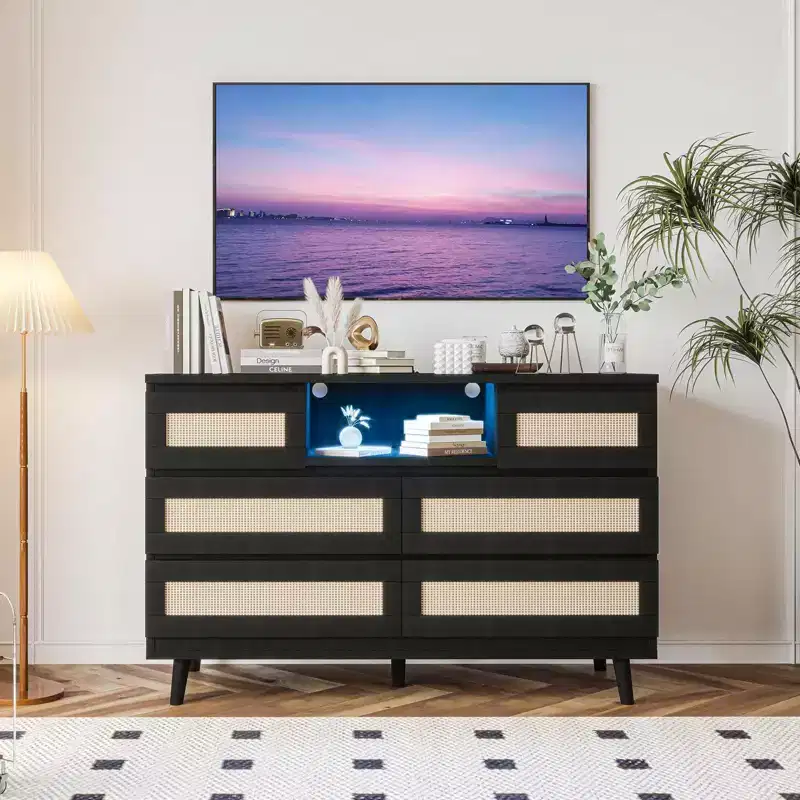 Storage drawers, rattan dresser with 6 drawers, LED lights and charging station, suitable for baby room, entryway, hallway
