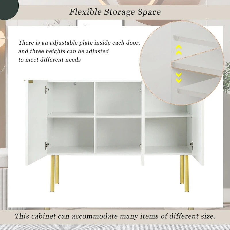 Sideboard Cabinet with Gold Metal Legs, Handles and Adjustable Shelves - 47L x 16.5W x 35.5H
