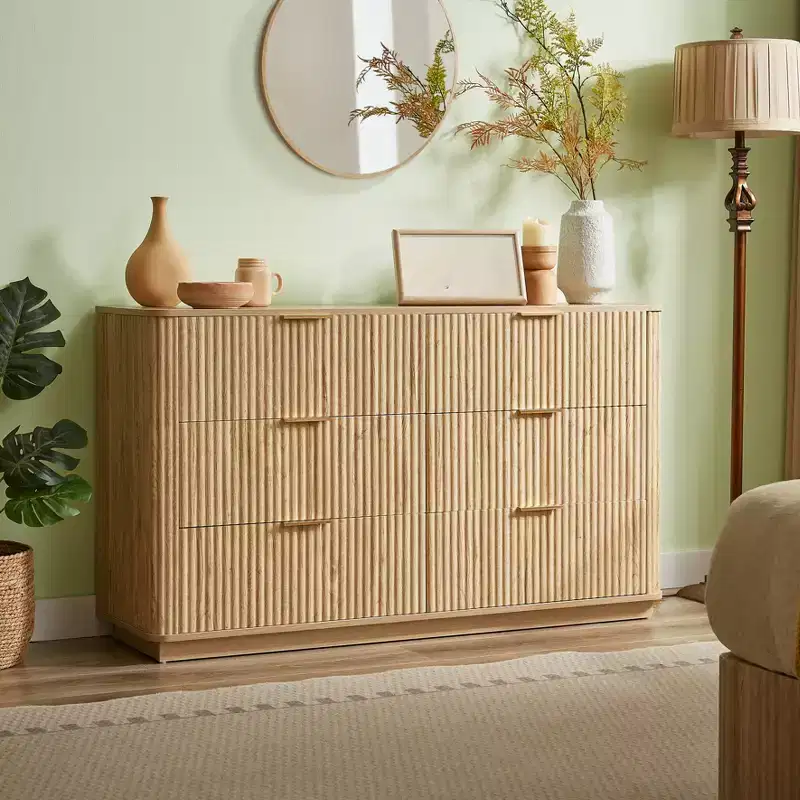 6 Drawer Dresser for Bedroom, 55 Wide Chest of Drawers with Gold Handles, Fluted Closet Drawer TV Stand