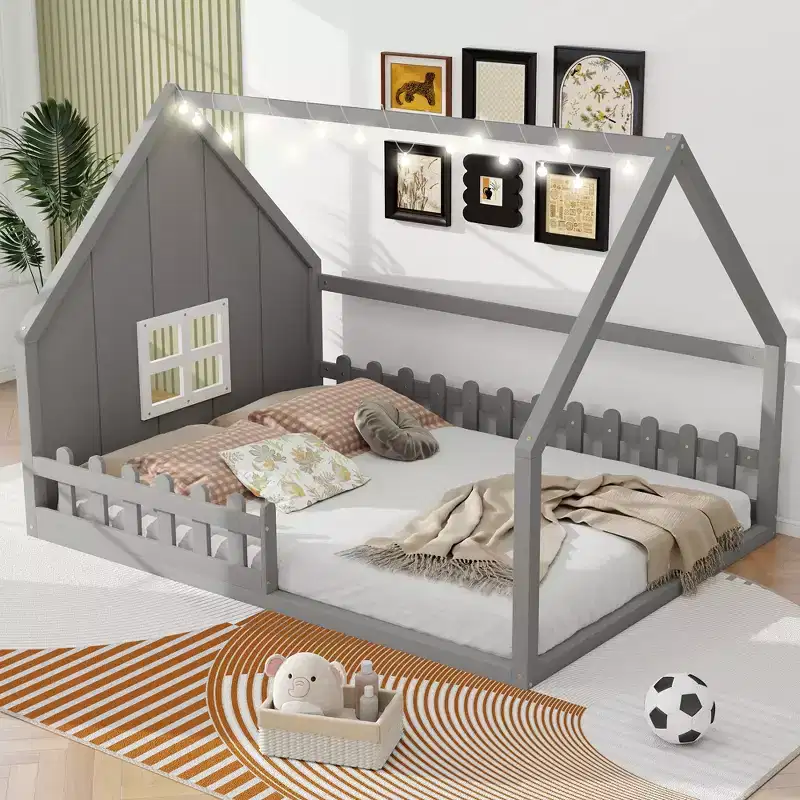 Full Size Wood House Bed with Window and Fence