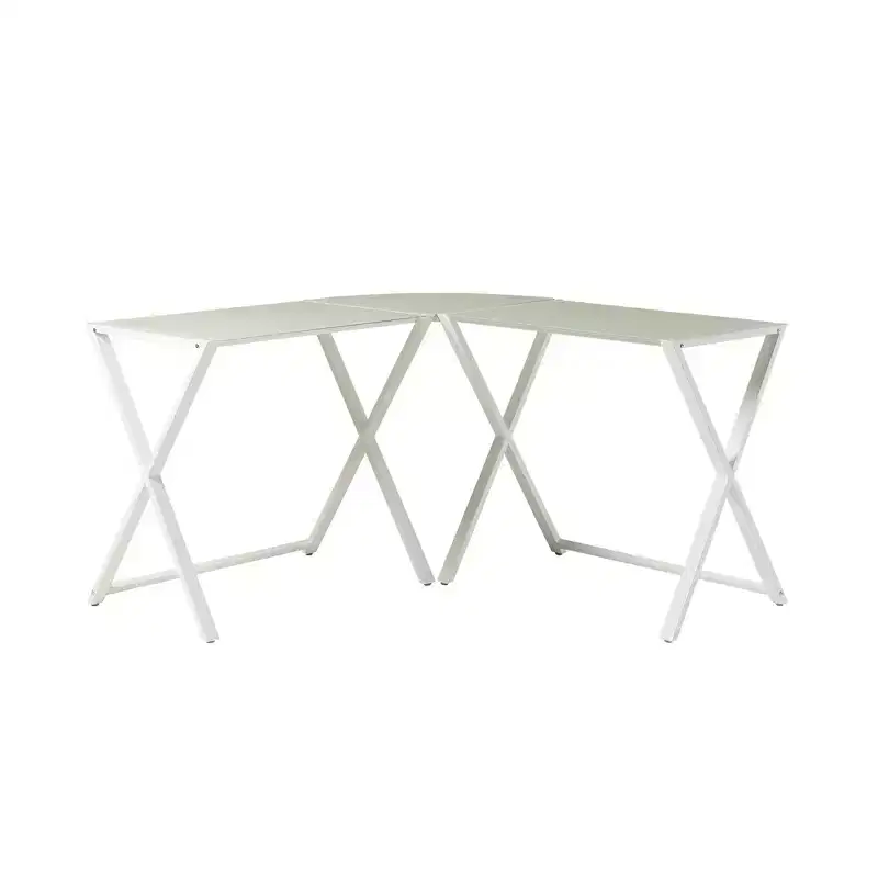 Modern L-Shaped Metal and Tempered Glass Computer Desk with X-Frame