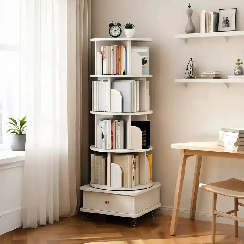 56 5-Tier 360 Rotating Bookshelf, Oak MDF Tower w/ Wheels&Drawer (Space-Saving Storage for Home/Office),white