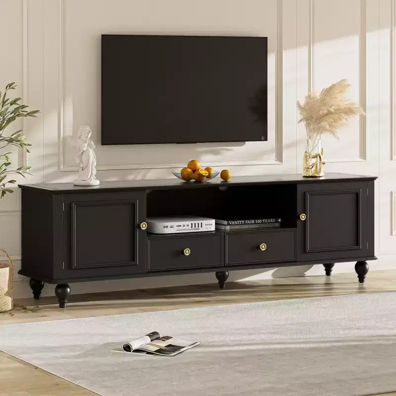 Modern TV Stand with Open Compartment 2 Drawers 2 Cabinets and 5 Solid Legs for Living Room Black