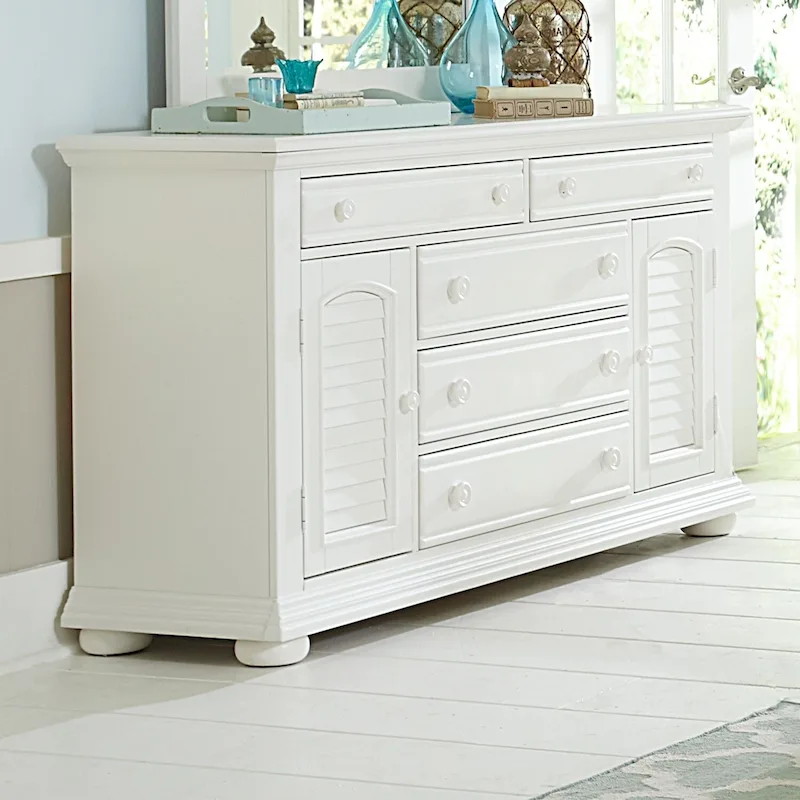 2-Door 5-Drawer Dresser with Louvered Panels and Wooden Knobs – Oyster White, 1-Unit