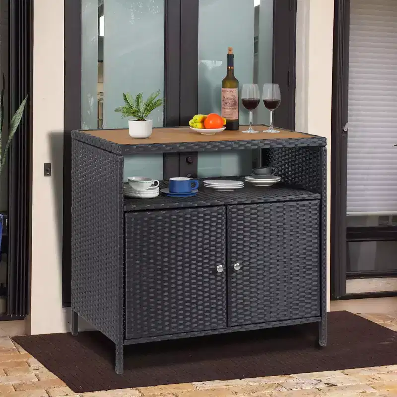 Wicker Storage Cabinet, All-Weather Resin Outdoor Storage Table with Magnetic Doors & Spacious Top, Perfect for Patio, Garden, Kitchen
