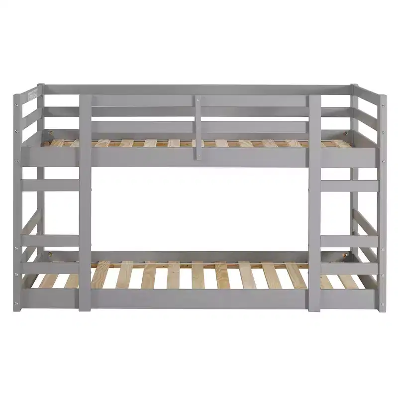Twin over Twin Wooden Bunk Bed with Guardrails & Integrated Ladders, Kids Bed Frame