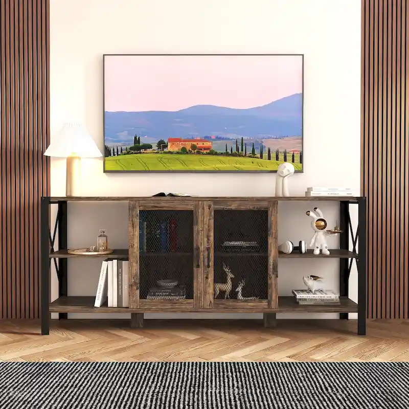 Industrial Farmhouse TV Stand with Storage Shelves and Cabinets