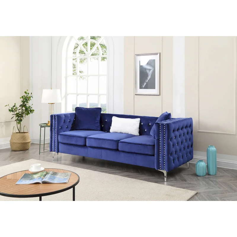 Paige 86 in. Tufted Velvet 3-Seater Sofa with 2-Throw Pillow - 86L x 34W x 30H
