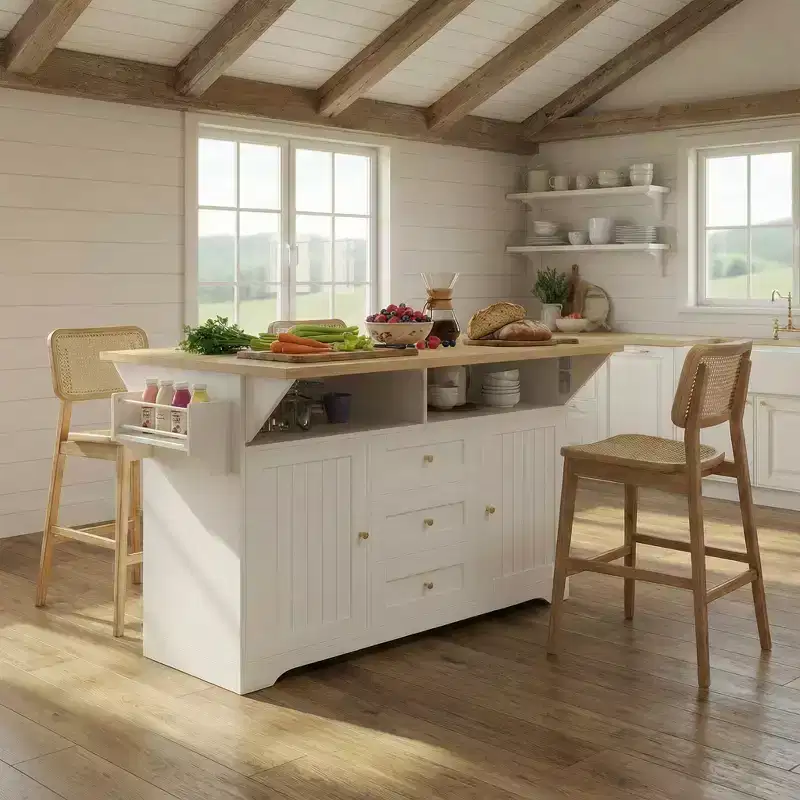 Rolling Kitchen Island with Power Outlet, Spice Rack & 2 Drop Leaf