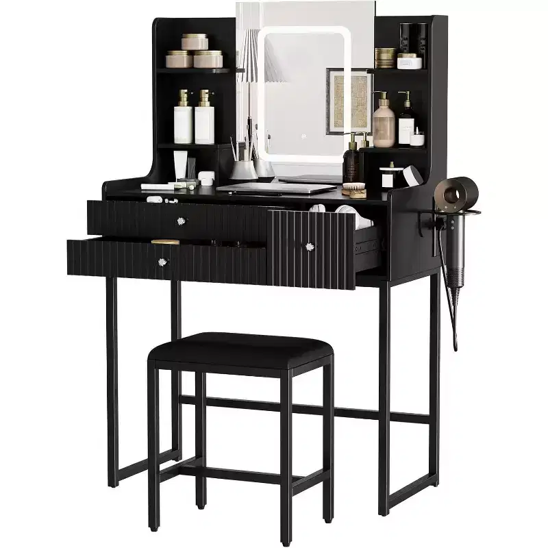 Small dressing table with mirror, dressing table set with stool, 5 drawers, 4 shelves, hair dryer holder, compact bedroom dressing table, black