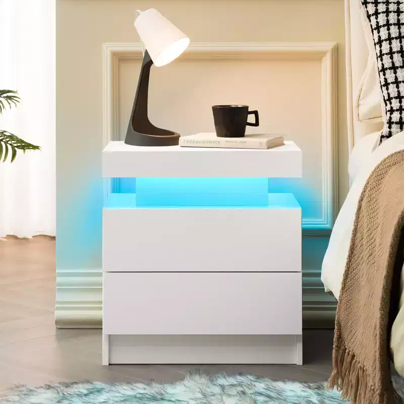 Nightstand Bedside Table Cabinet Lights Modern End Side with 2 Drawers for Bedroom (White)