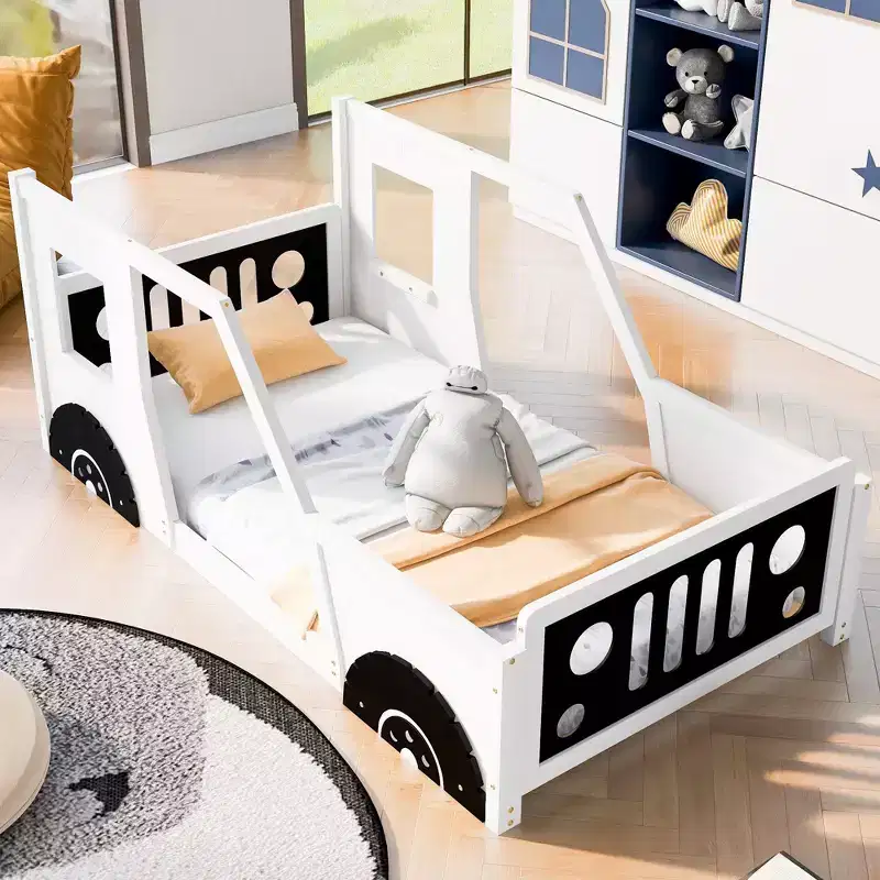Twin/Full Platform Bed Frame with Wheels - Classic Car-Shaped Kids Bed with Rails, White