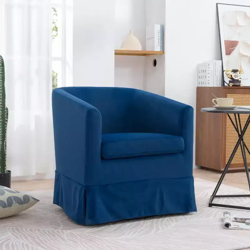 27 Modern Swivel Chair, 360 Upholstered Sofa Chair with Plush Sponge Backrest and Wood Frame for Bedroom or Living Room, Blue