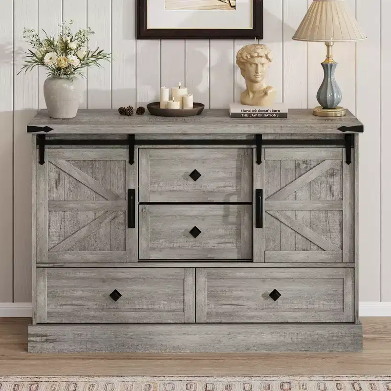 Farmhouse Dresser for Bedroom w/4 Drawers & Sliding Barn Doors, Chest of Drawers, Rustic Dresser TV Stand w/Shelf, Organizer for Living Room, Entryway