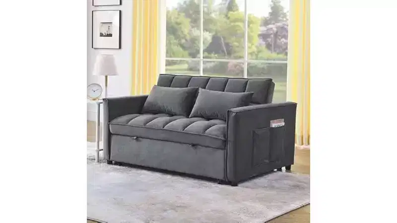 Convertible Sofa Bed with Adjustable Backrest - 3-Position Recliner , Pull-Out Sleeper, Two Side Pockets, 2 Pillows for Living Room, Grey