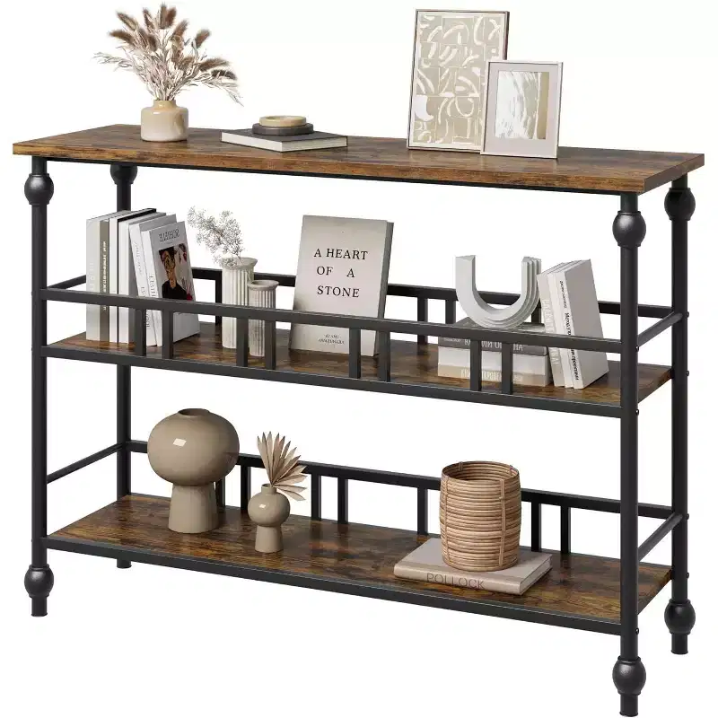 43'' Console Table with Storage, Farmhouse Rustic Skinny Entryway Table, Modern Wood Metal Hallway Sofa Table with Shelf, Narrow Couch Entry Table