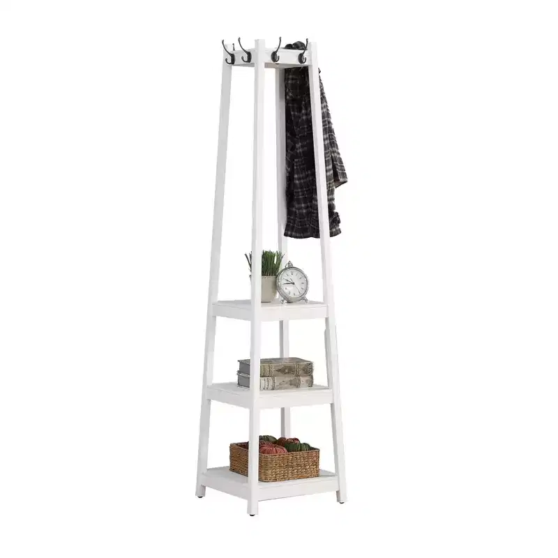 Okak Freestanding Coat Rack with Wooden Frame, Hall Tree with 3-Tier Storage Shelves and Silver Finish, Coat Tree for Bedroom, Living Room, White